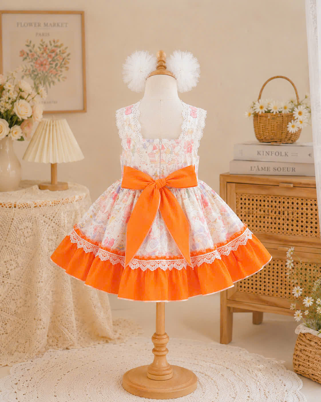 Sweet Whimsy Lolita Dress 0-2Y | Storybook Baby Dress with Pom Pom Hair Clips | Birthday & Photoshoot Outfit