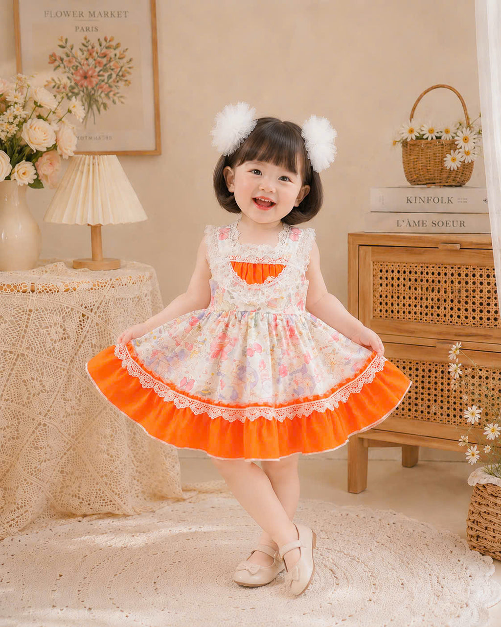 Sweet Whimsy Lolita Dress 0-2Y | Storybook Baby Dress with Pom Pom Hair Clips | Birthday & Photoshoot Outfit