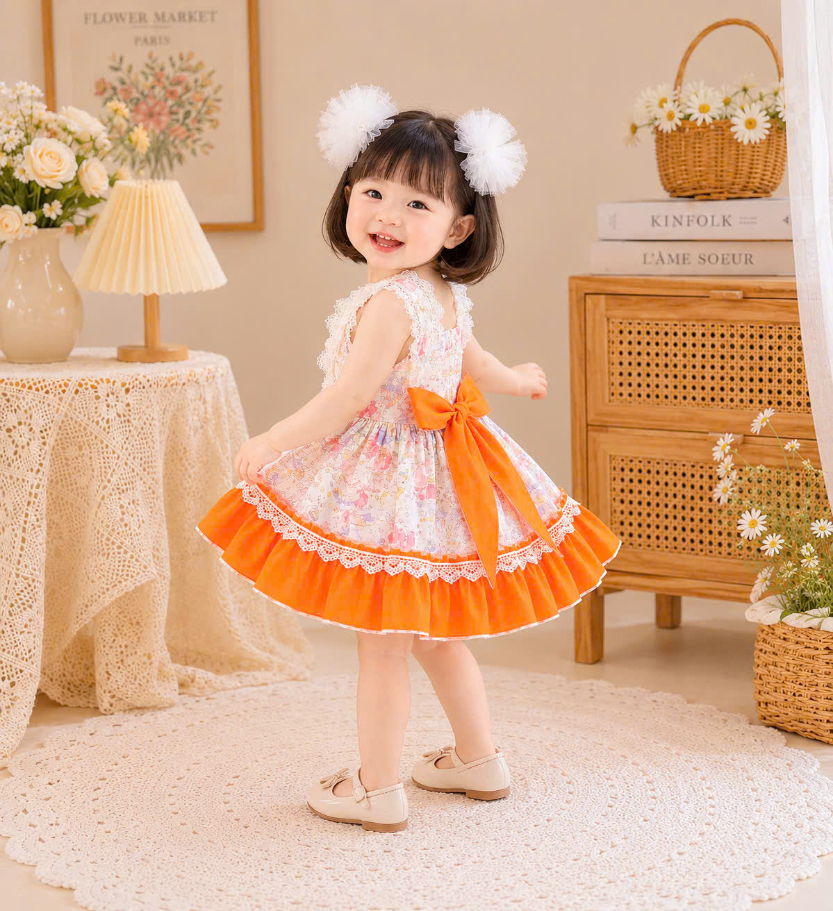 Sweet Whimsy Lolita Dress 0-2Y | Storybook Baby Dress with Pom Pom Hair Clips | Birthday & Photoshoot Outfit