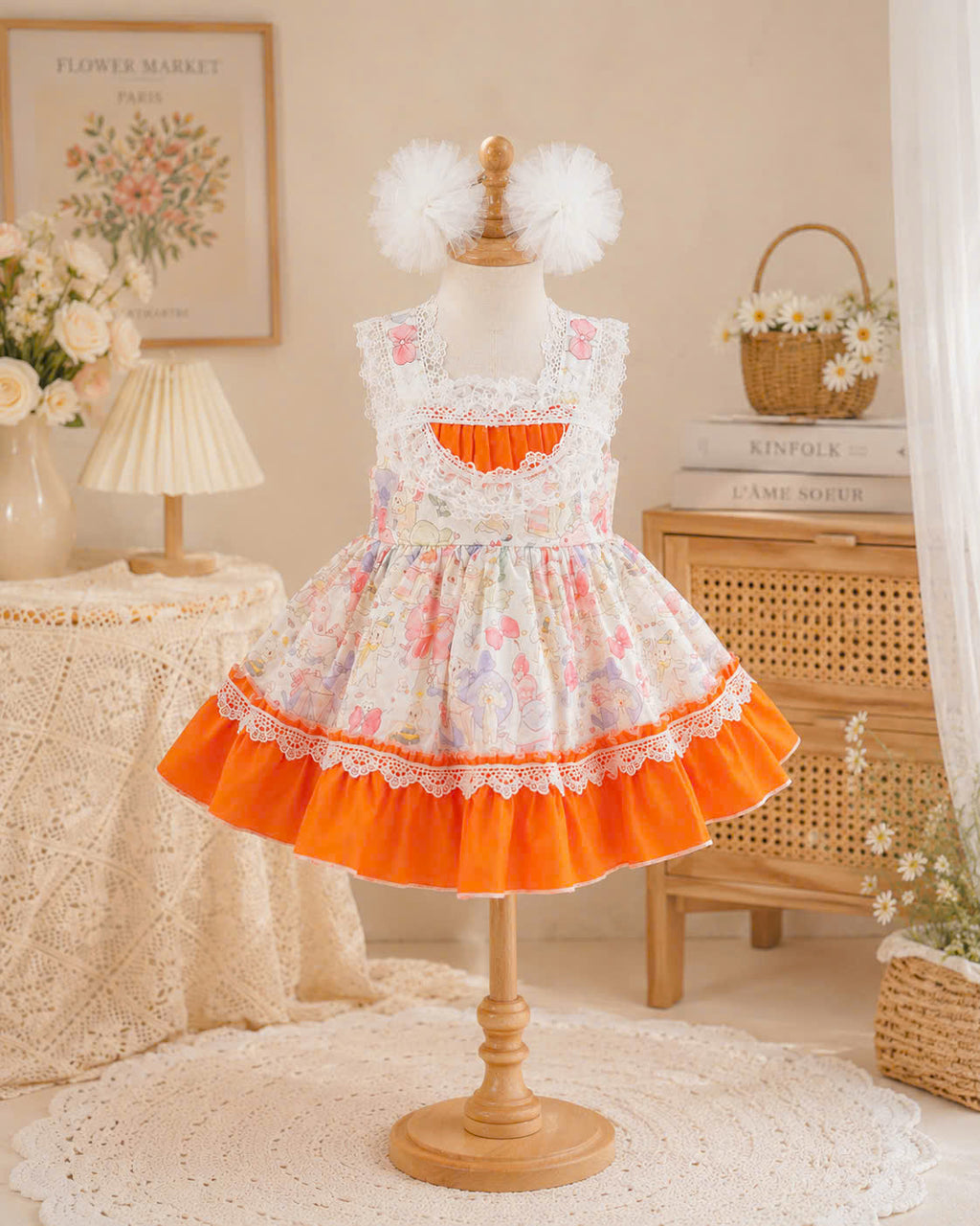 Sweet Whimsy Lolita Dress 0-2Y | Storybook Baby Dress with Pom Pom Hair Clips | Birthday & Photoshoot Outfit