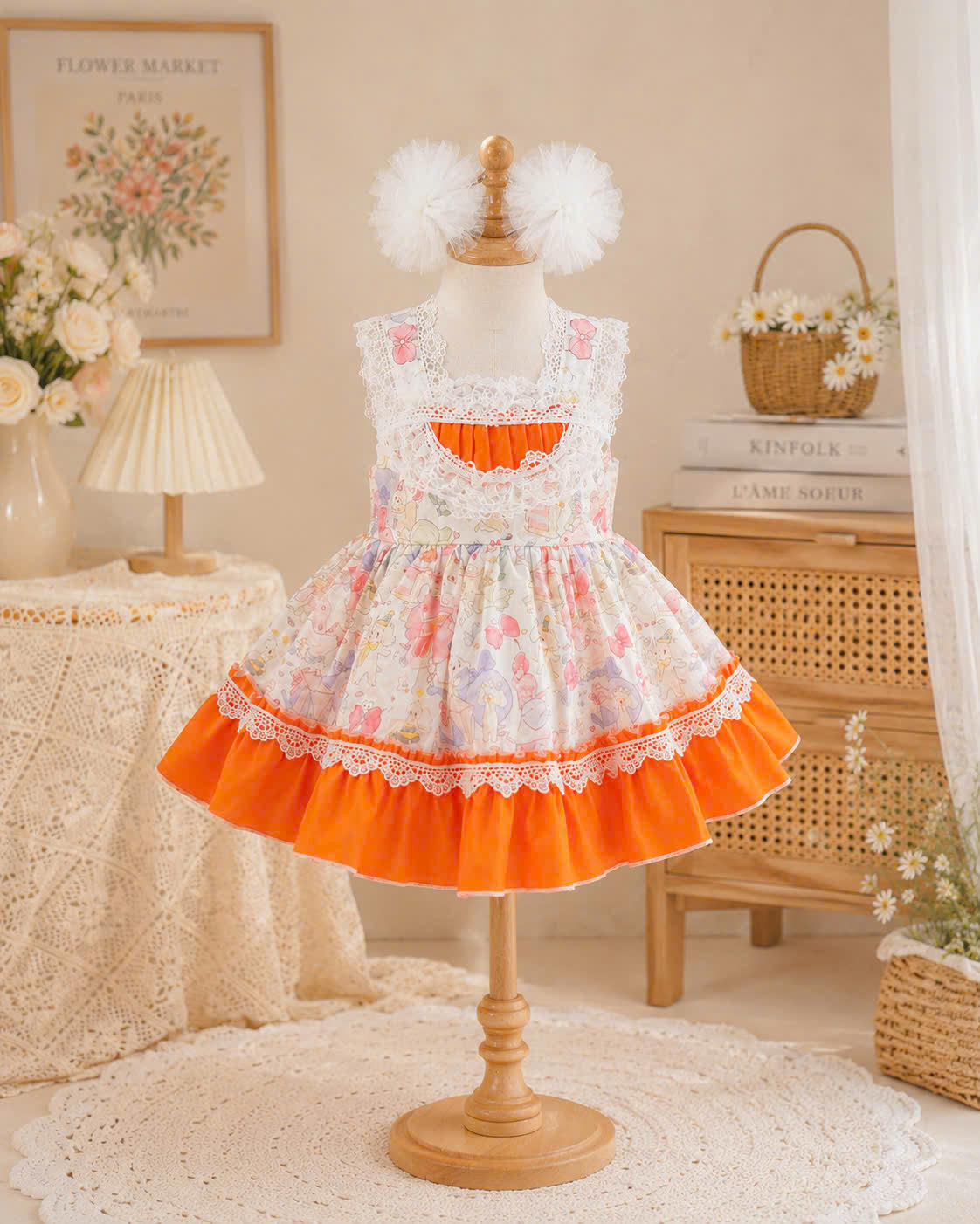 Sweet Whimsy Lolita Dress 0-2Y | Storybook Baby Dress with Pom Pom Hair Clips | Birthday & Photoshoot Outfit
