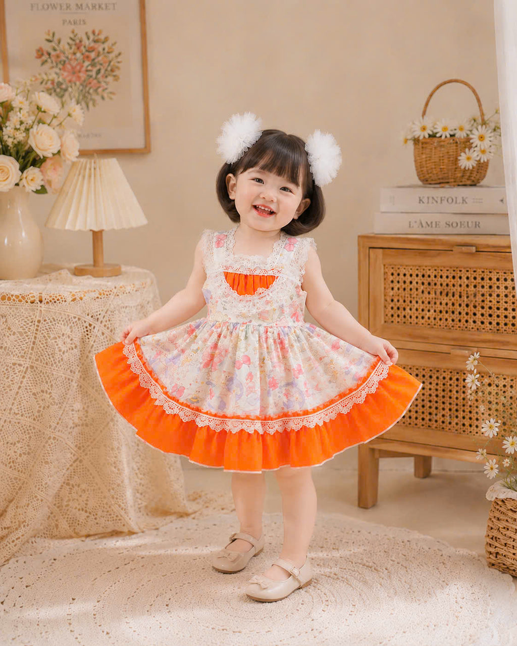 Sweet Whimsy Lolita Dress 0-2Y | Storybook Baby Dress with Pom Pom Hair Clips | Birthday & Photoshoot Outfit