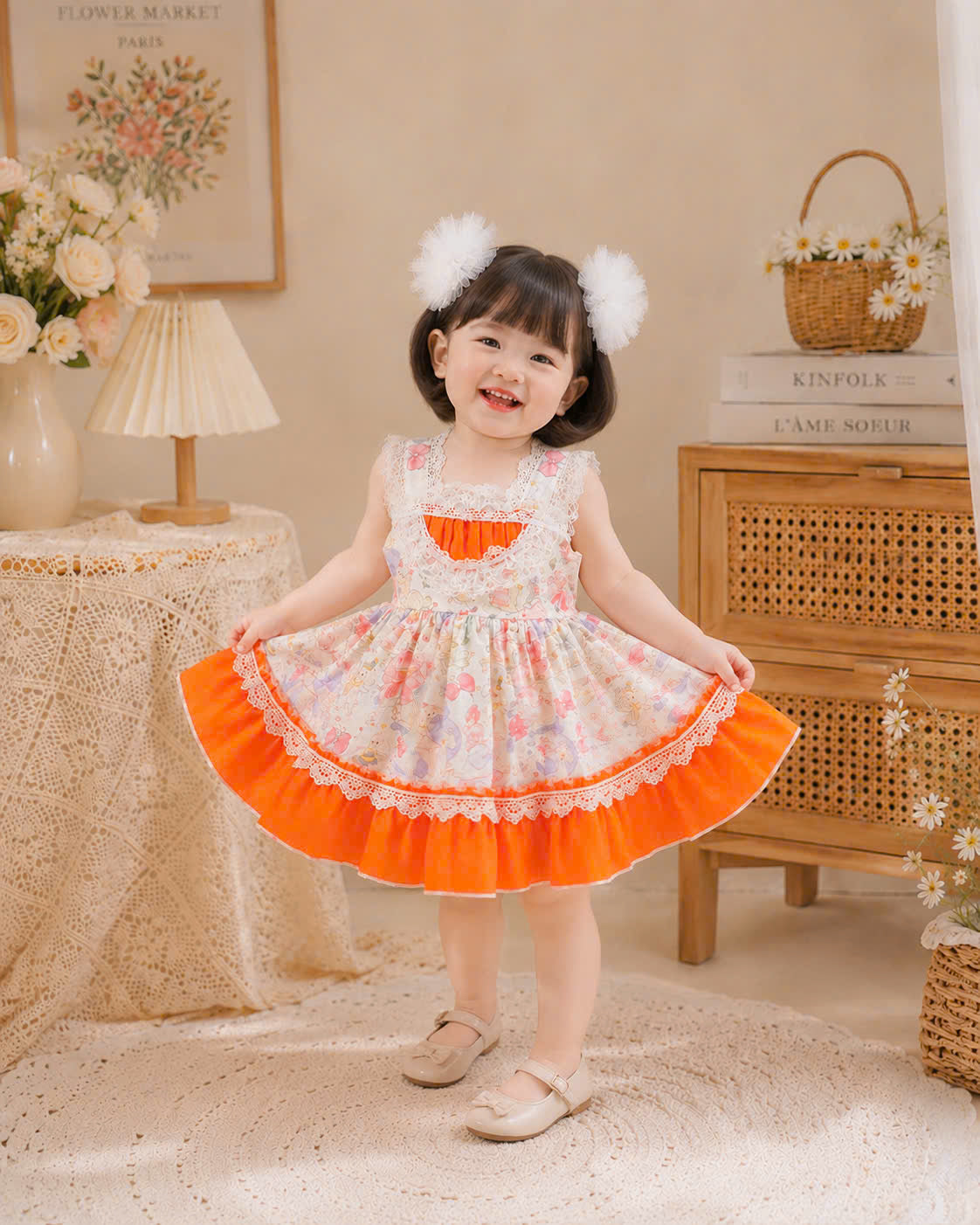 Sweet Whimsy Lolita Dress 0-2Y | Storybook Baby Dress with Pom Pom Hair Clips | Birthday & Photoshoot Outfit