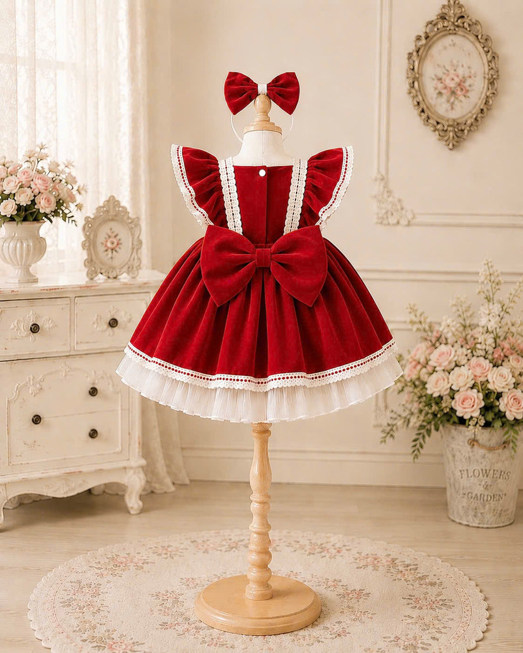 Velvet Dollie Lolita Dress 3M-2Y | Red Velvet Baby Dress with Bow Headband | Party & Photoshoot Outfit