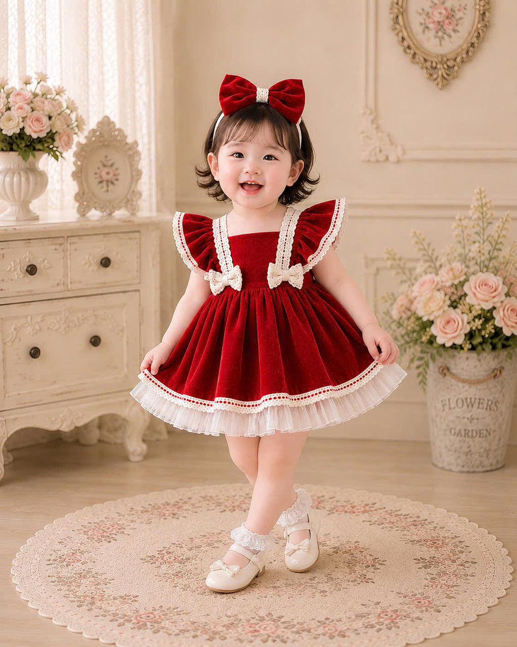 Velvet Dollie Lolita Dress 3M-2Y | Red Velvet Baby Dress with Bow Headband | Party & Photoshoot Outfit