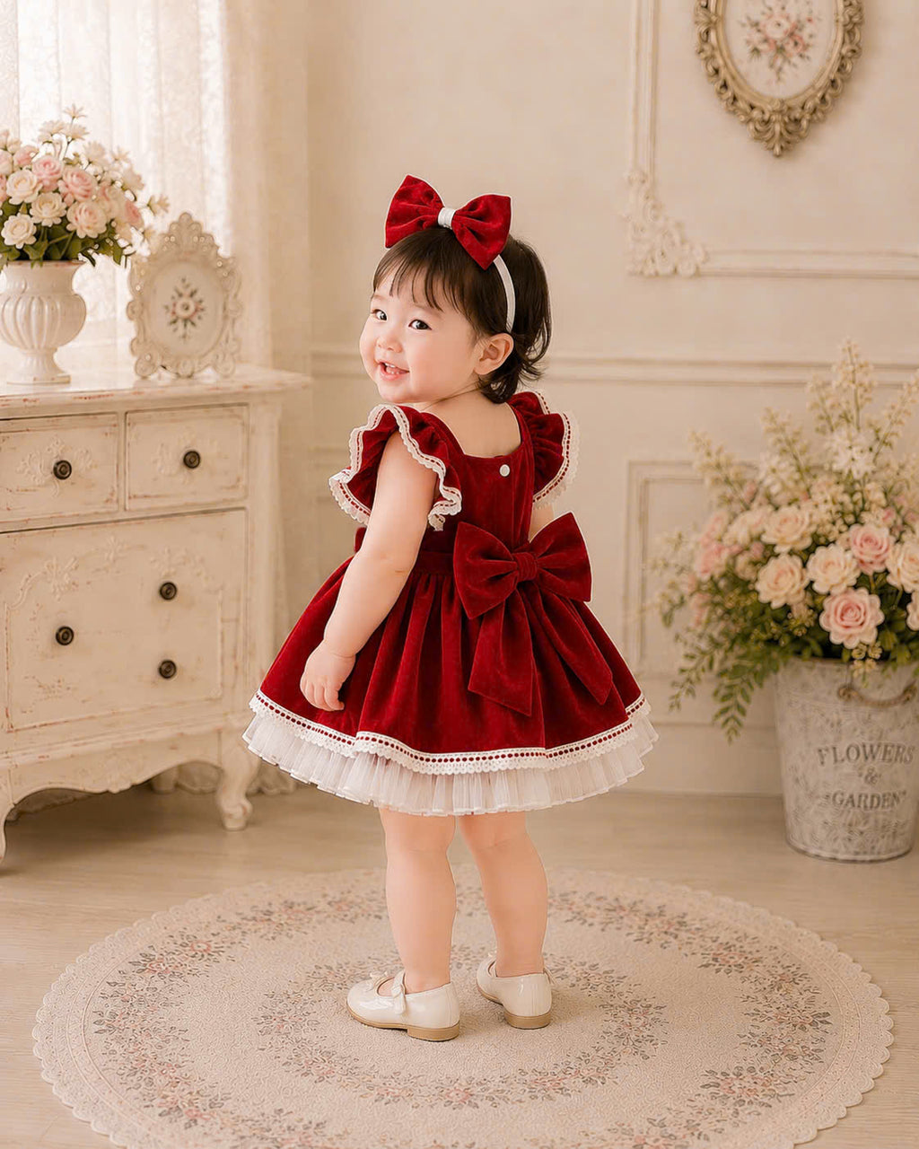 Velvet Dollie Lolita Dress 3M-2Y | Red Velvet Baby Dress with Bow Headband | Party & Photoshoot Outfit