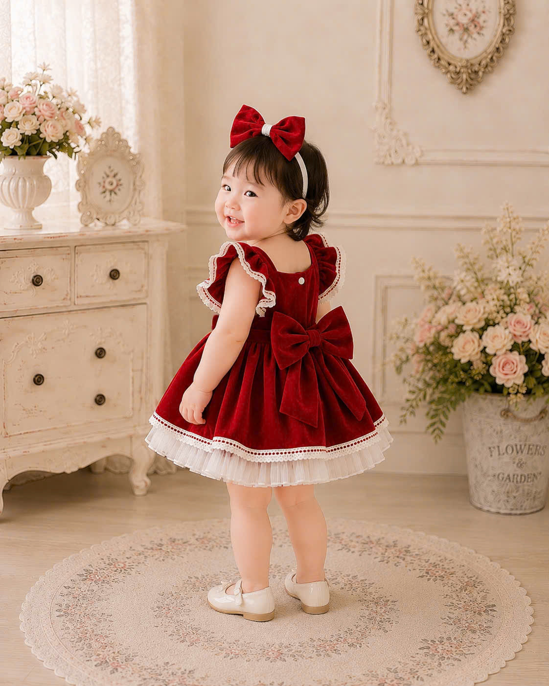 Velvet Dollie Lolita Dress 3M-2Y | Red Velvet Baby Dress with Bow Headband | Party & Photoshoot Outfit