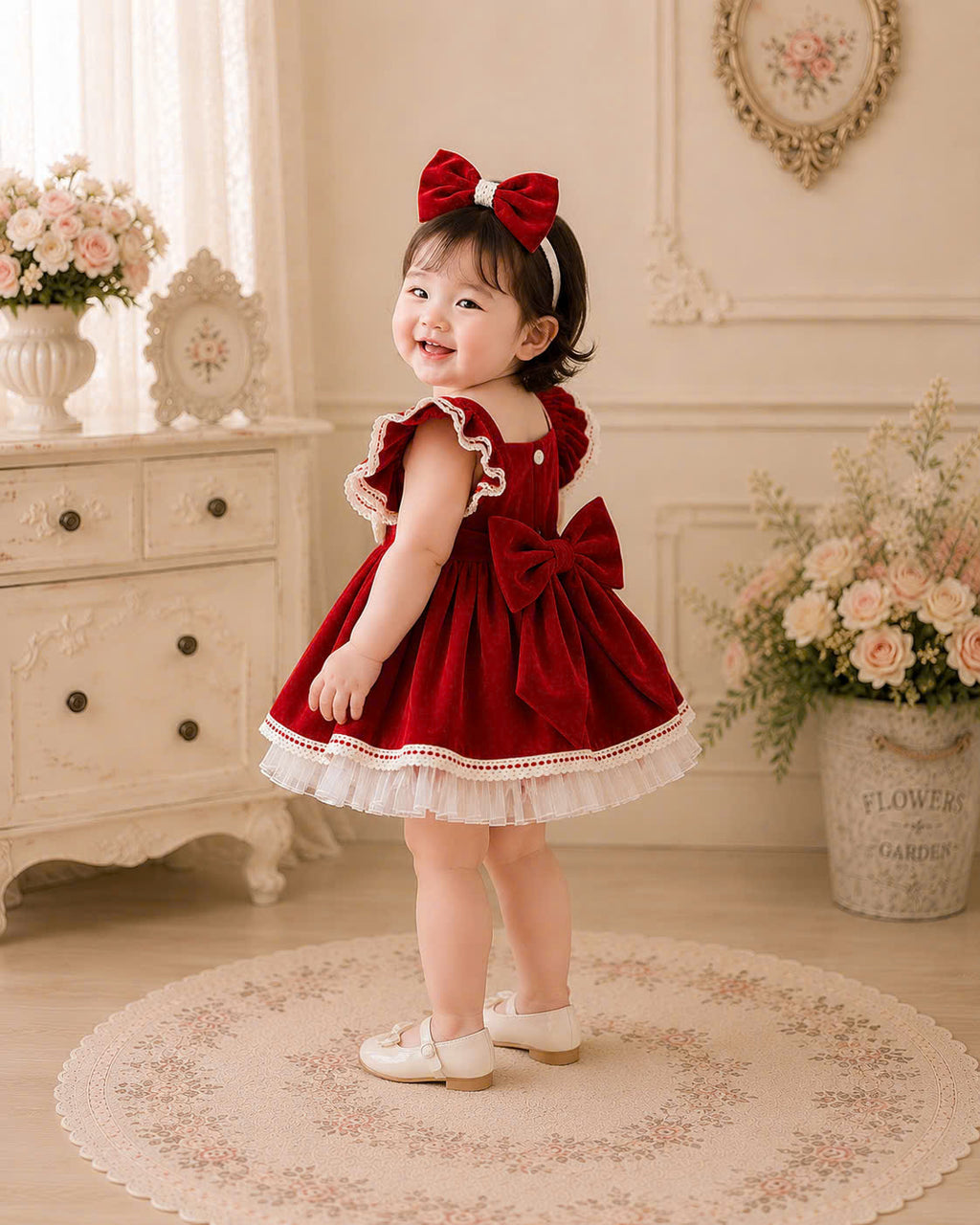 Velvet Dollie Lolita Dress 3M-2Y | Red Velvet Baby Dress with Bow Headband | Party & Photoshoot Outfit