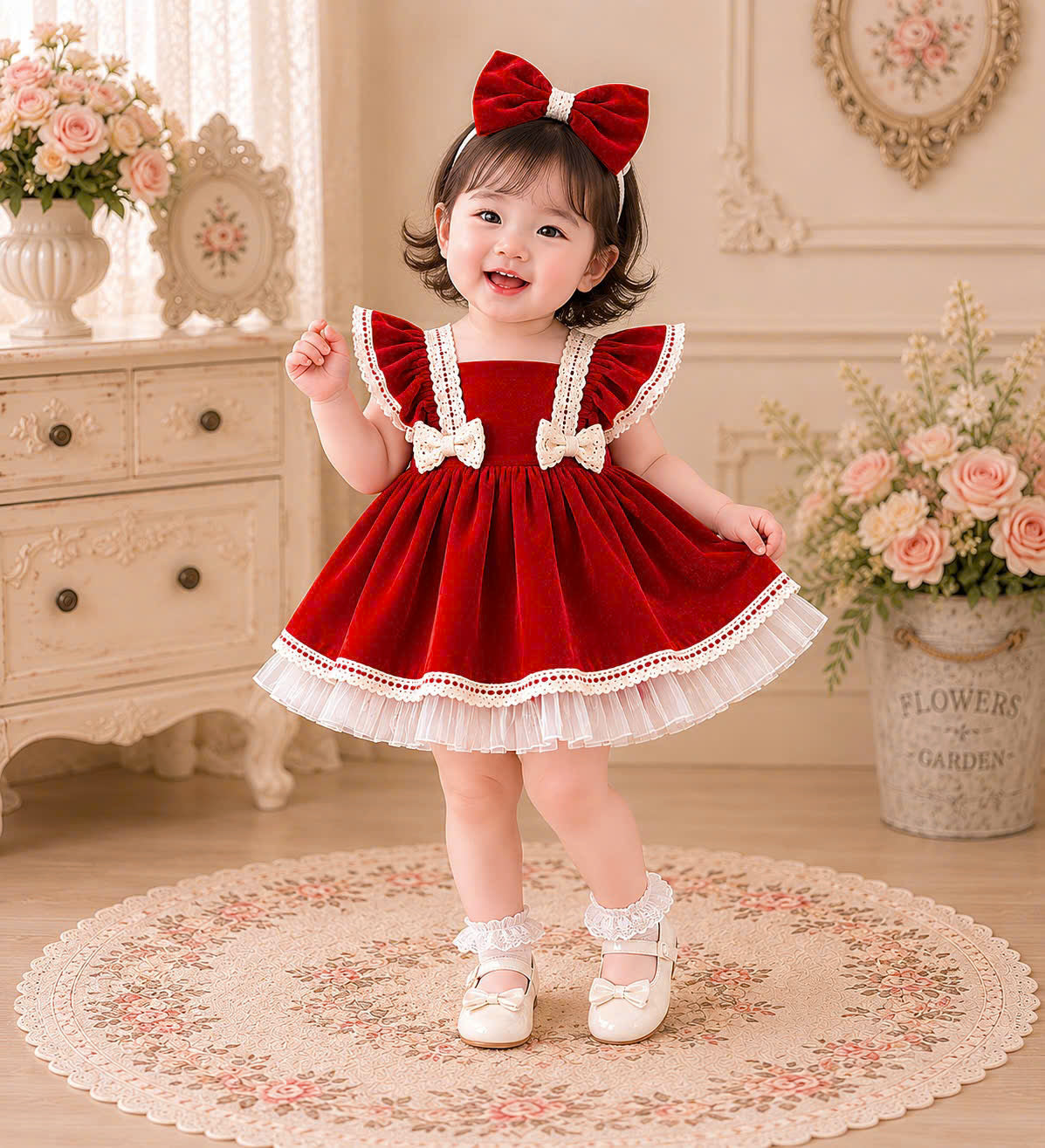 Velvet Dollie Lolita Dress 3M-2Y | Red Velvet Baby Dress with Bow Headband | Party & Photoshoot Outfit