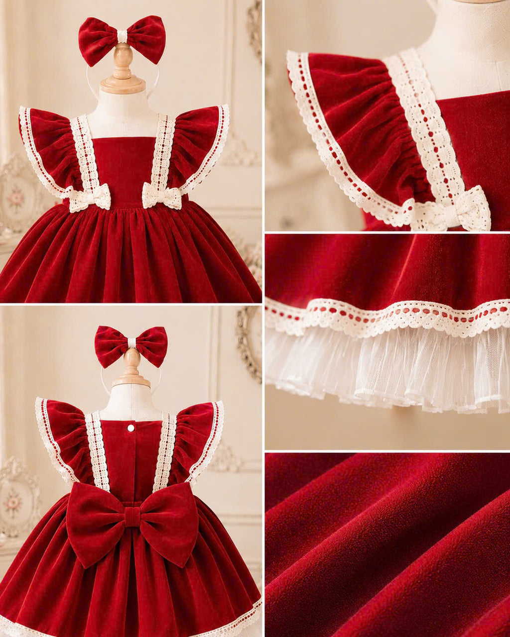 Velvet Dollie Lolita Dress 3M-2Y | Red Velvet Baby Dress with Bow Headband | Party & Photoshoot Outfit