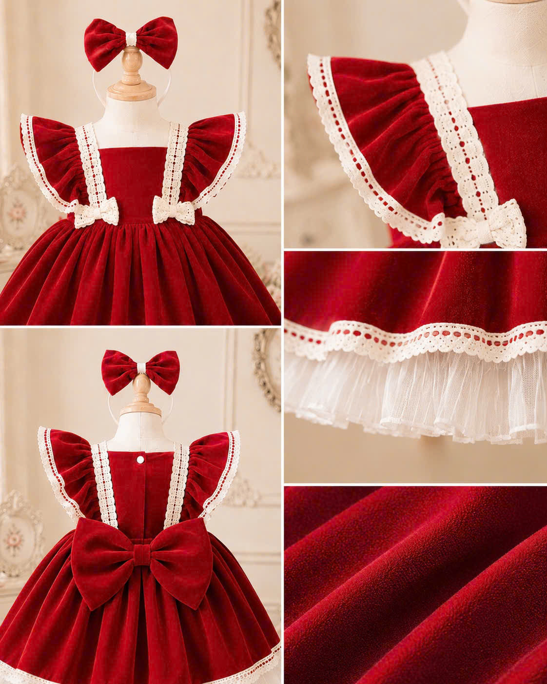 Velvet Dollie Lolita Dress 3M-2Y | Red Velvet Baby Dress with Bow Headband | Party & Photoshoot Outfit