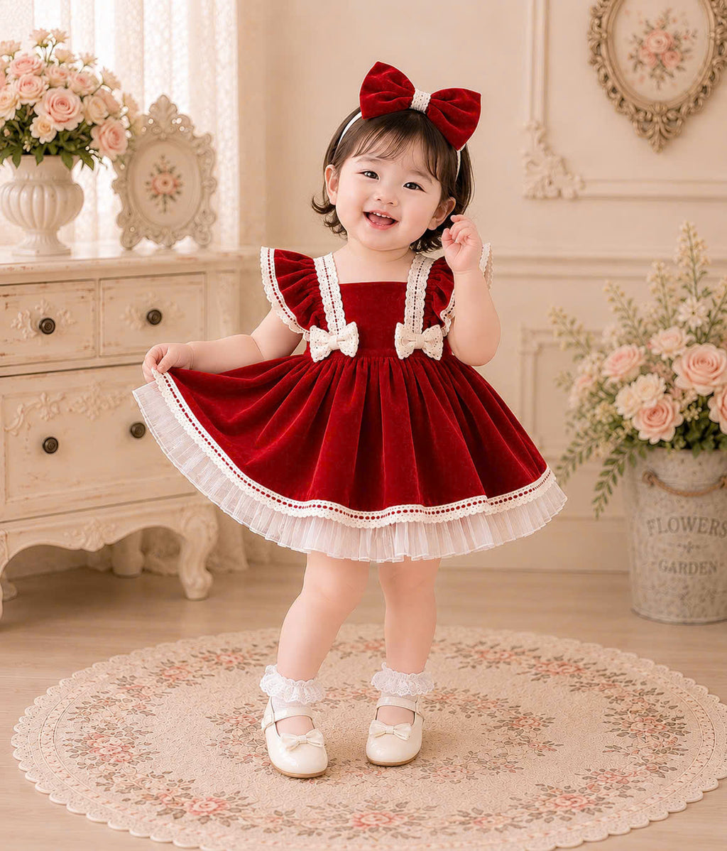 Velvet Dollie Lolita Dress 3M-2Y | Red Velvet Baby Dress with Bow Headband | Party & Photoshoot Outfit