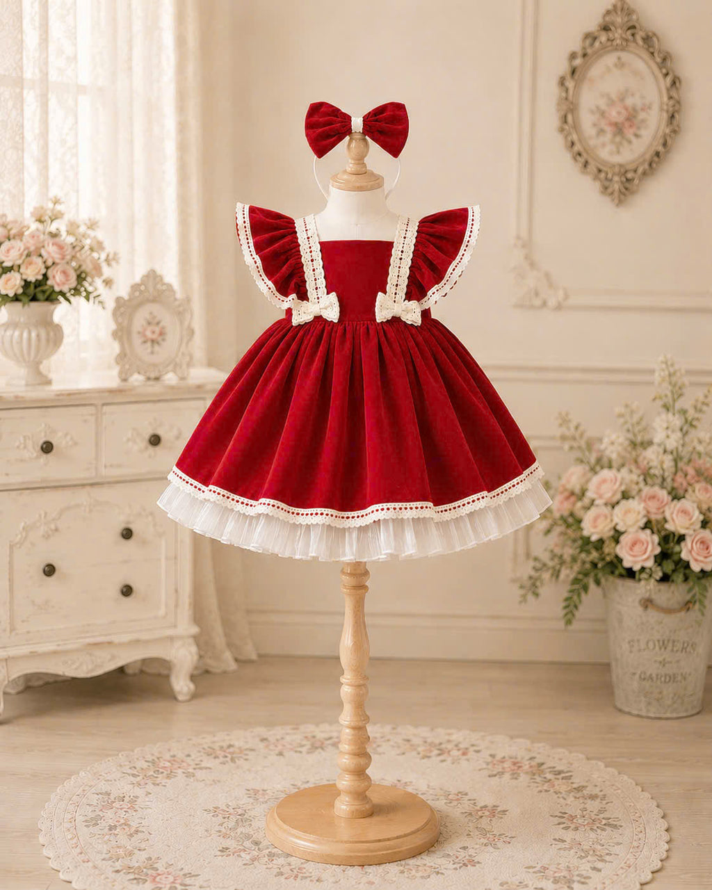 Velvet Dollie Lolita Dress 3M-2Y | Red Velvet Baby Dress with Bow Headband | Party & Photoshoot Outfit