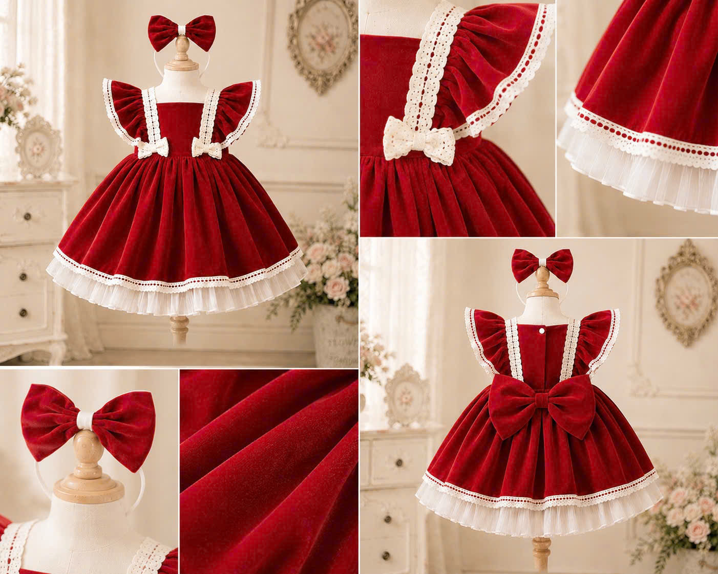 Velvet Dollie Lolita Dress 3M-2Y | Red Velvet Baby Dress with Bow Headband | Party & Photoshoot Outfit