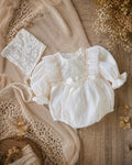 Cream Silk Baby Romper NB-12M | Vintage Silk Romper with Bonnet | Party & Photoshoot Outfit
