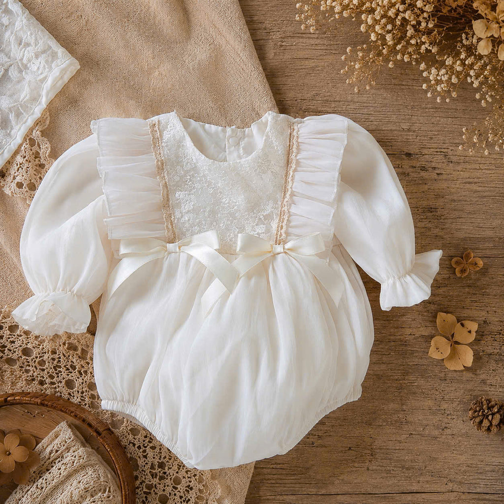 Cream Silk Baby Romper NB-12M | Vintage Silk Romper with Bonnet | Party & Photoshoot Outfit