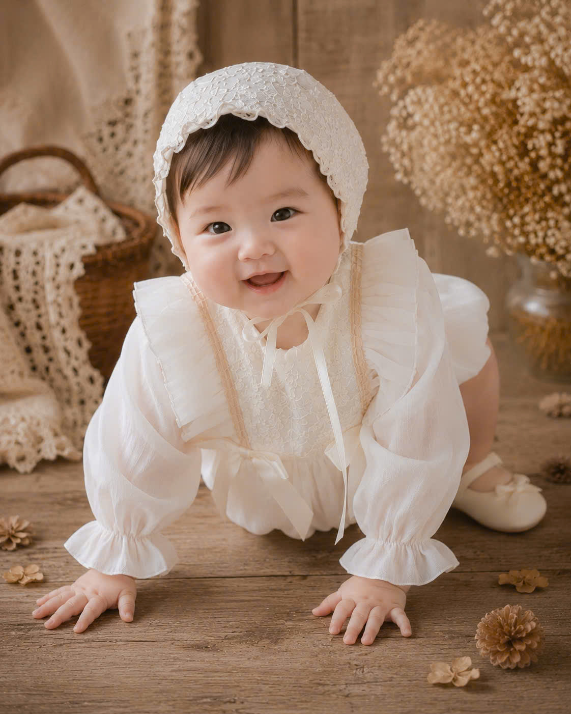 Cream Silk Baby Romper NB-12M | Vintage Silk Romper with Bonnet | Party & Photoshoot Outfit