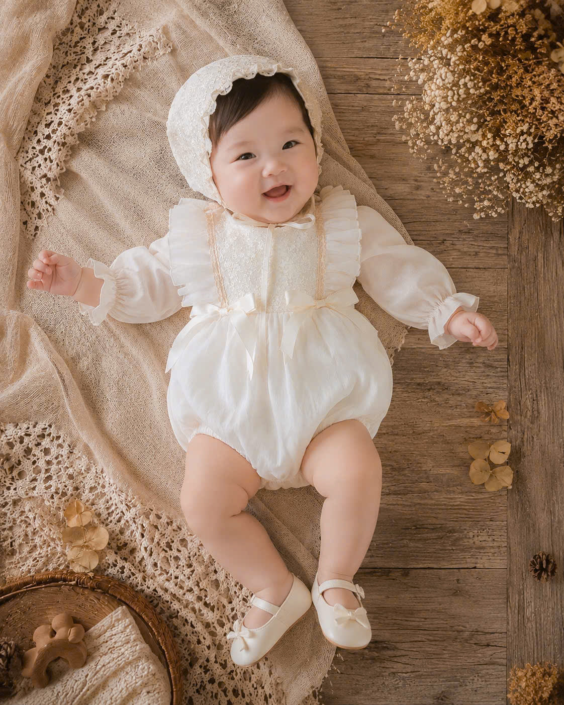 Cream Silk Baby Romper NB-12M | Vintage Silk Romper with Bonnet | Party & Photoshoot Outfit