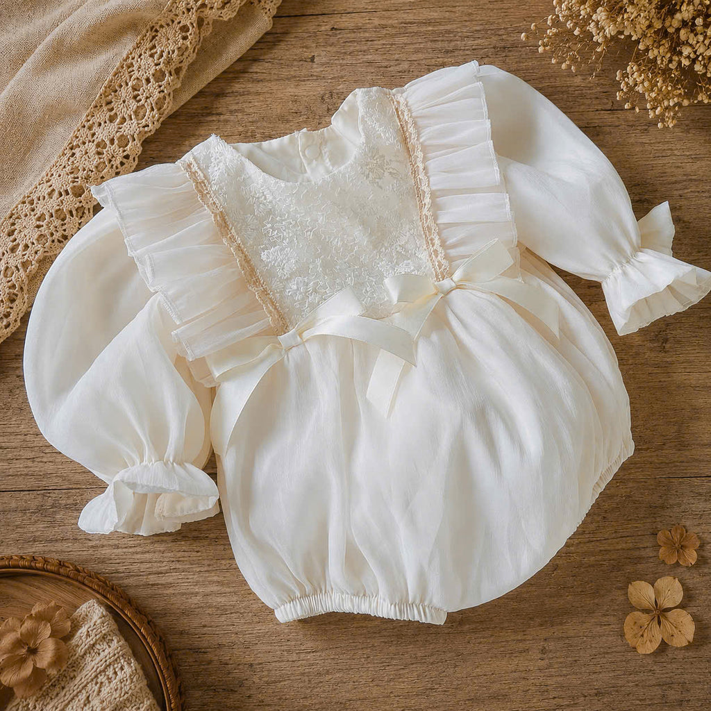 Cream Silk Baby Romper NB-12M | Vintage Silk Romper with Bonnet | Party & Photoshoot Outfit