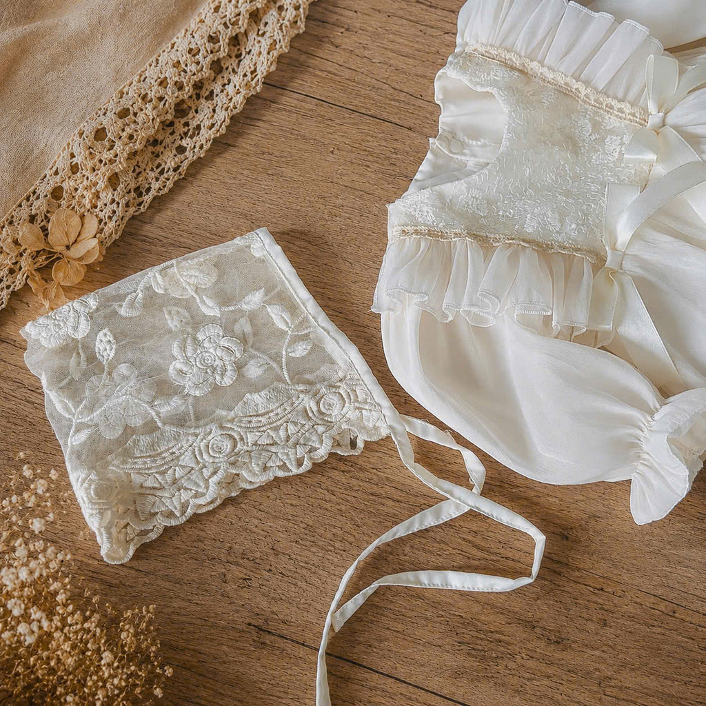 Cream Silk Baby Romper NB-12M | Vintage Silk Romper with Bonnet | Party & Photoshoot Outfit
