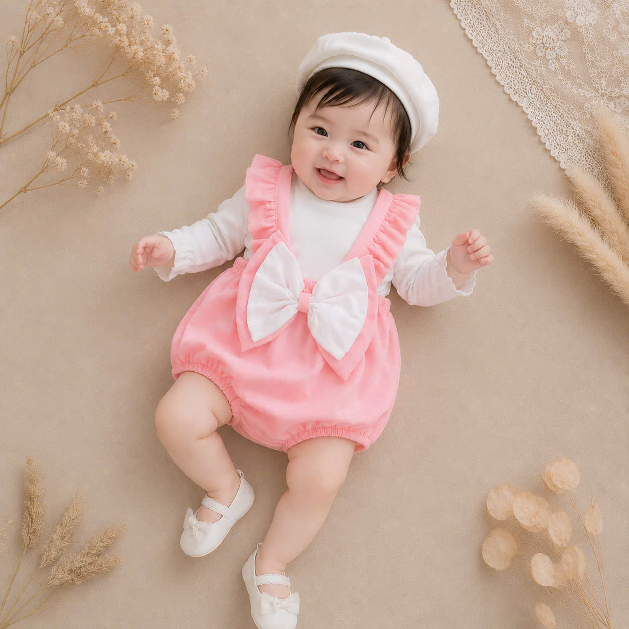 Pink Bow Baby Romper Set NB-12M | Frill Romper with Berek | Everyday & Photoshoot Outfit