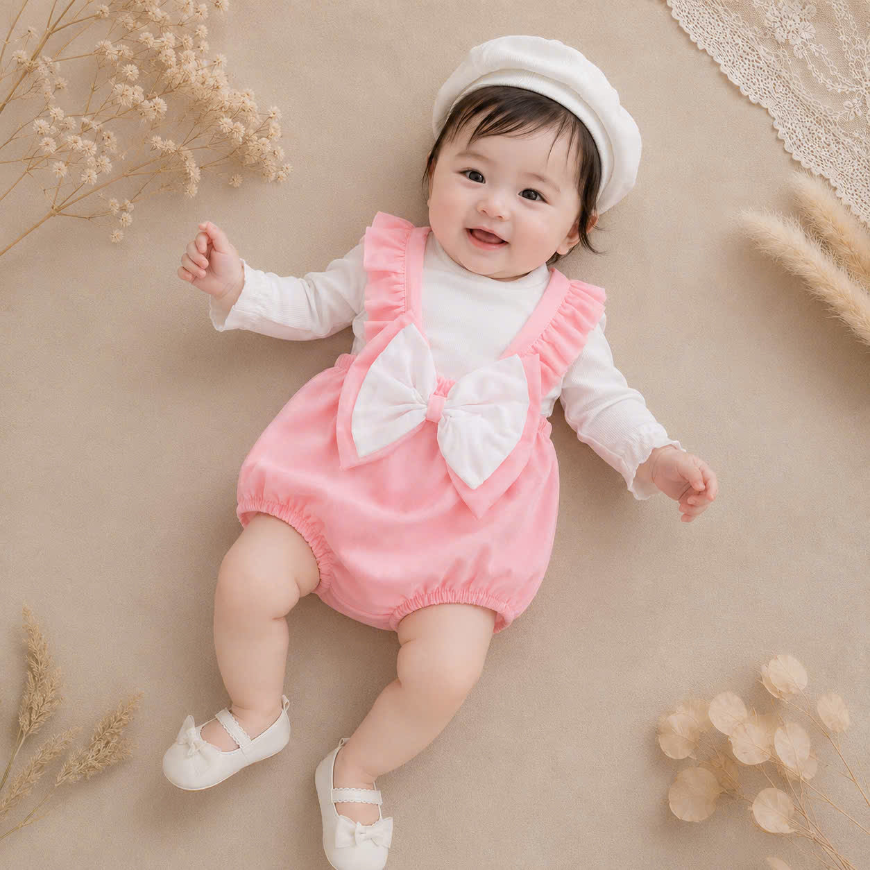 Pink Bow Baby Romper Set NB-12M | Frill Romper with Berek | Everyday & Photoshoot Outfit