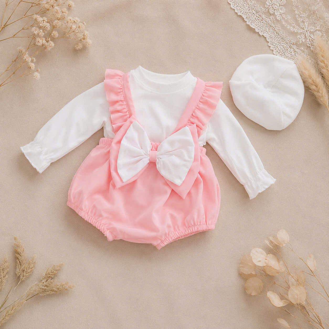 Pink Bow Baby Romper Set NB-12M | Frill Romper with Berek | Everyday & Photoshoot Outfit