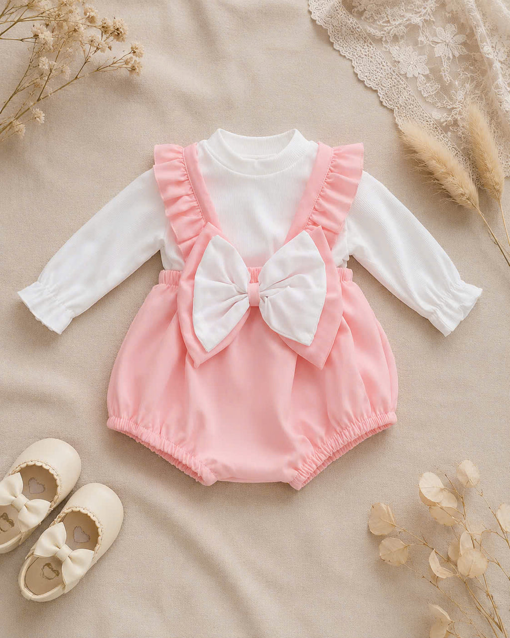 Pink Bow Baby Romper Set NB-12M | Frill Romper with Berek | Everyday & Photoshoot Outfit