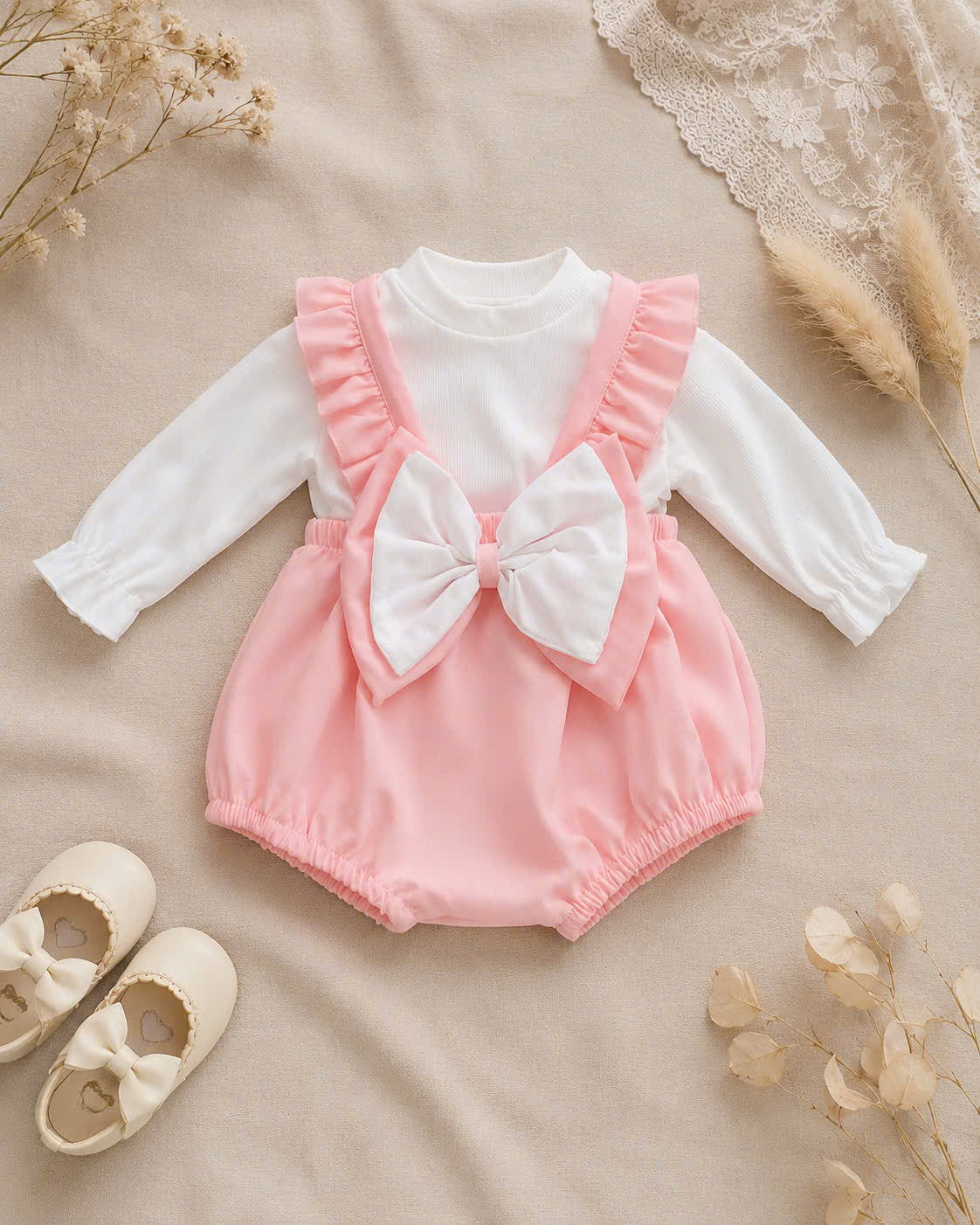 Pink Bow Baby Romper Set NB-12M | Frill Romper with Berek | Everyday & Photoshoot Outfit