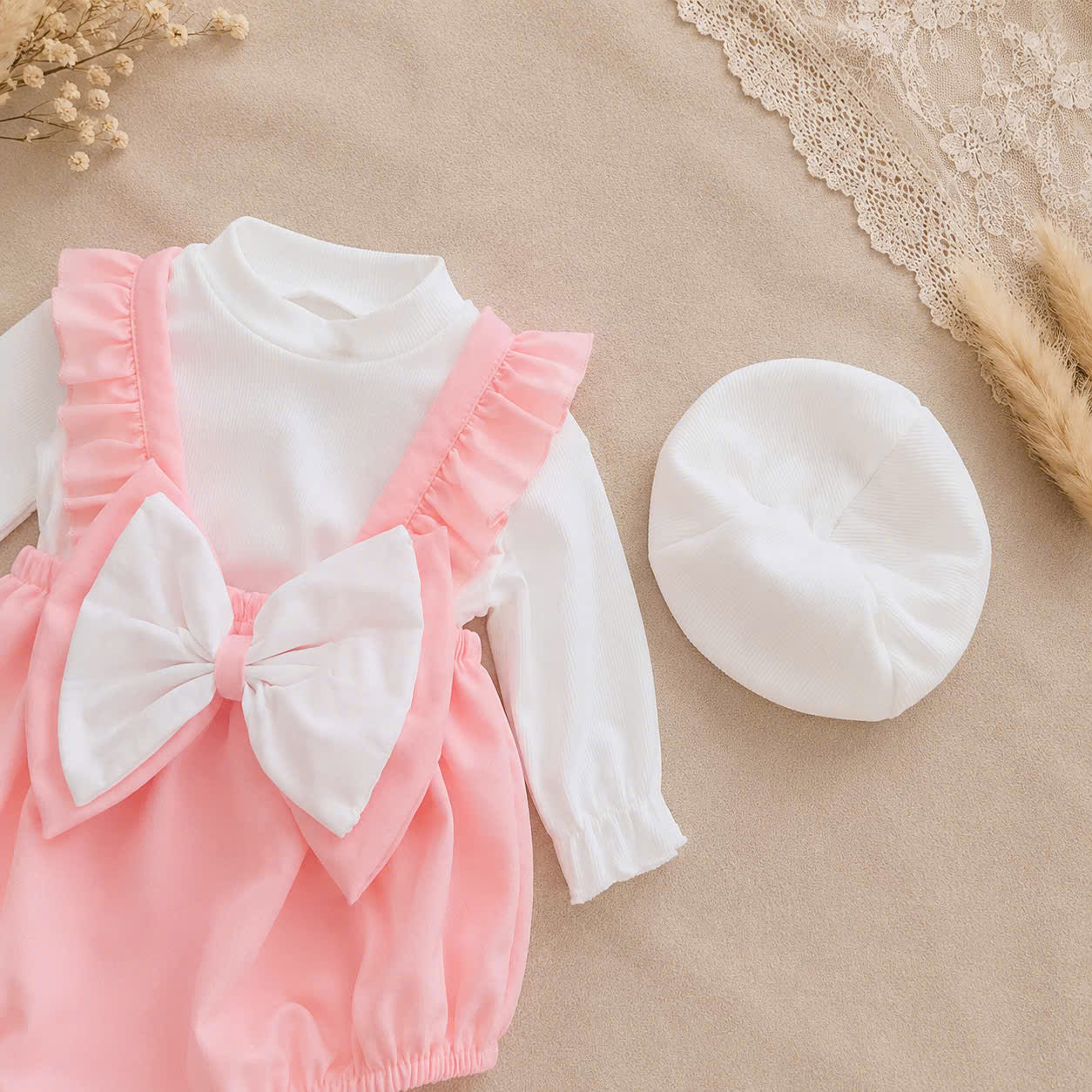 Pink Bow Baby Romper Set NB-12M | Frill Romper with Berek | Everyday & Photoshoot Outfit