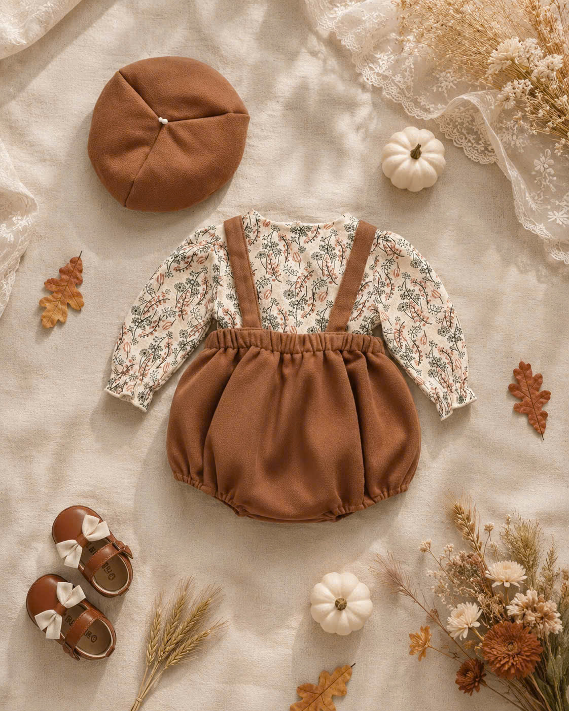 Timber Bloom Baby Set NB–12M | Floral Top & Bloomer with Beret | Autumn & Winter Outfit