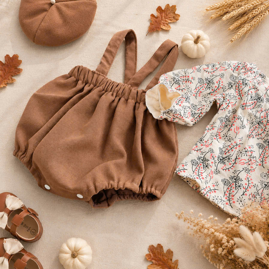 Timber Bloom Baby Set NB–12M | Floral Top & Bloomer with Beret | Autumn & Winter Outfit