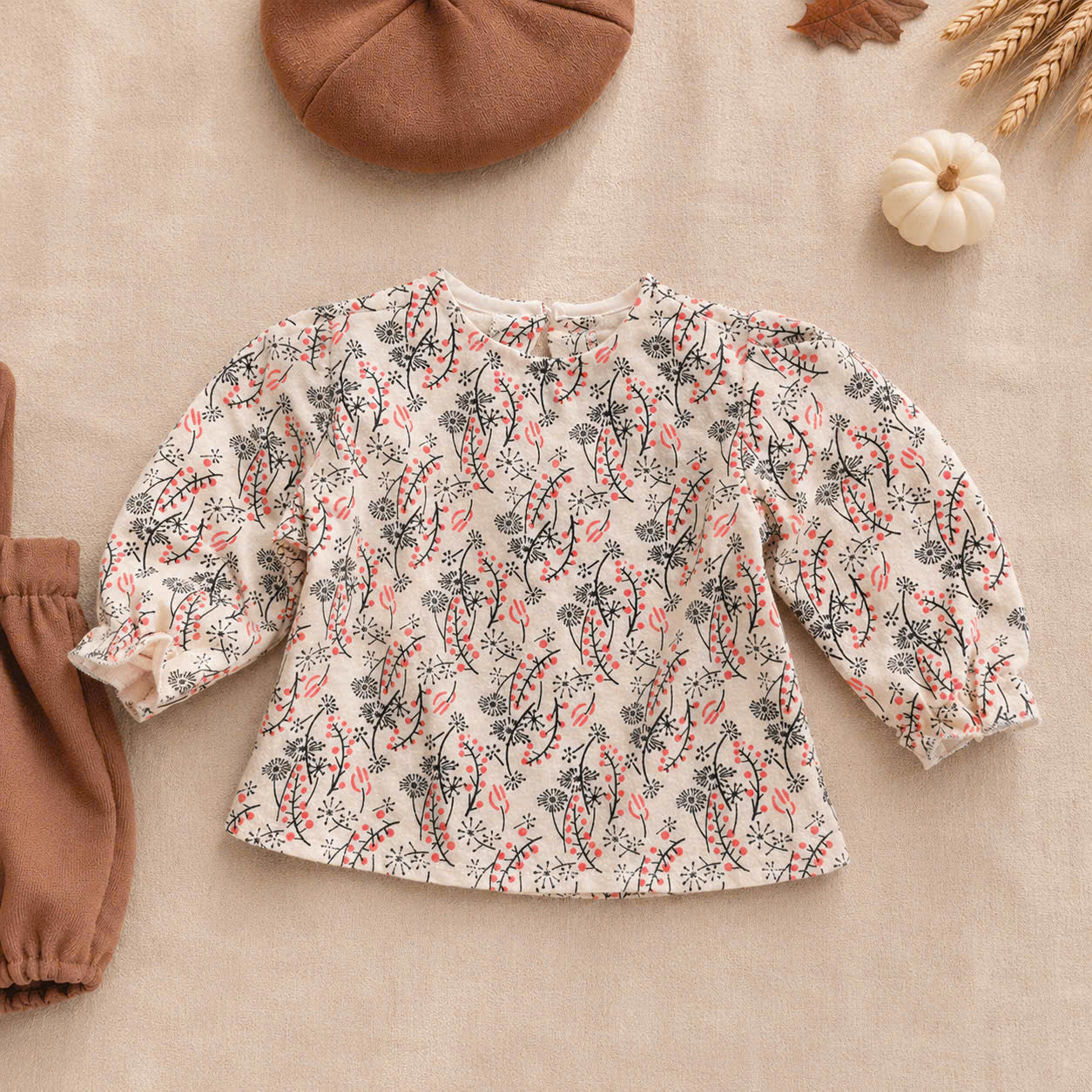 Timber Bloom Baby Set NB–12M | Floral Top & Bloomer with Beret | Autumn & Winter Outfit