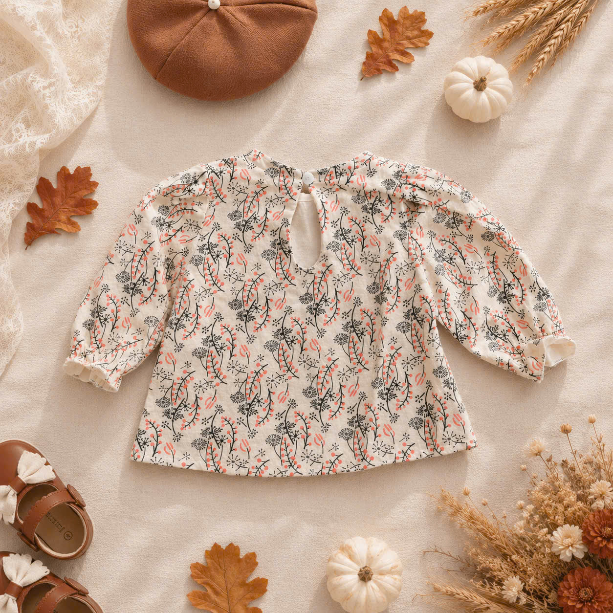Timber Bloom Baby Set NB–12M | Floral Top & Bloomer with Beret | Autumn & Winter Outfit