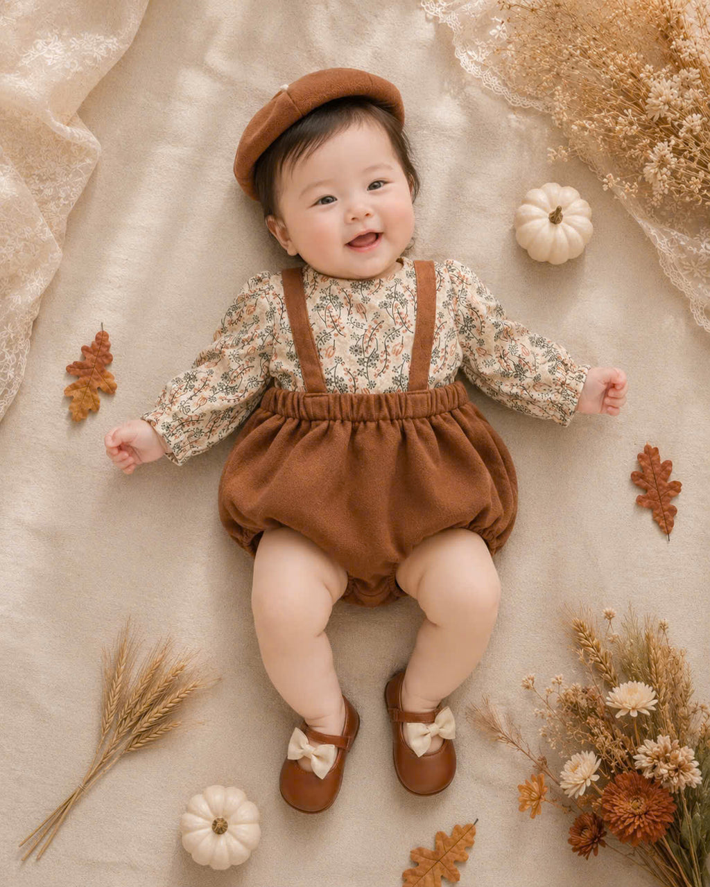 Timber Bloom Baby Set NB–12M | Floral Top & Bloomer with Beret | Autumn & Winter Outfit