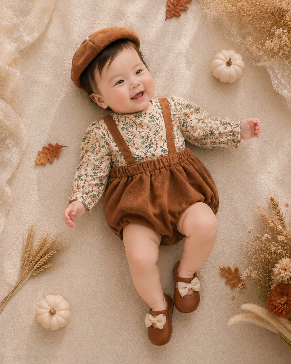 Timber Bloom Baby Set NB–12M | Floral Top & Bloomer with Beret | Autumn & Winter Outfit