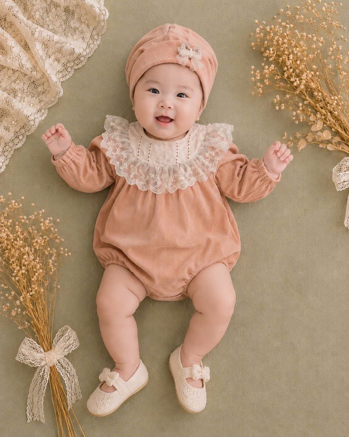 Warm Cocoa Lace Romper Set NB-12M | Corduroy Baby Romper with Bonnet | Autumn & Winter Outfit