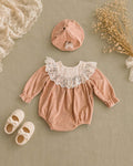 Warm Cocoa Lace Romper Set NB-12M | Corduroy Baby Romper with Bonnet | Autumn & Winter Outfit