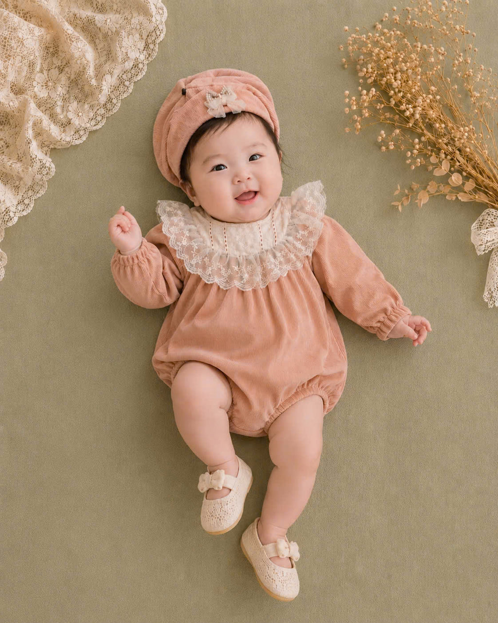 Warm Cocoa Lace Romper Set NB-12M | Corduroy Baby Romper with Bonnet | Autumn & Winter Outfit