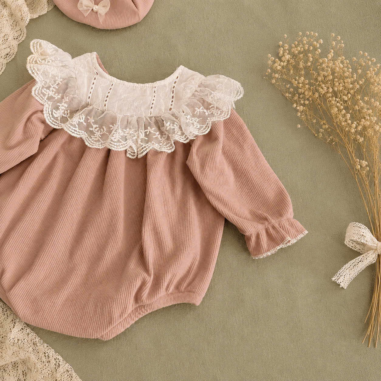 Warm Cocoa Lace Romper Set NB-12M | Corduroy Baby Romper with Bonnet | Autumn & Winter Outfit