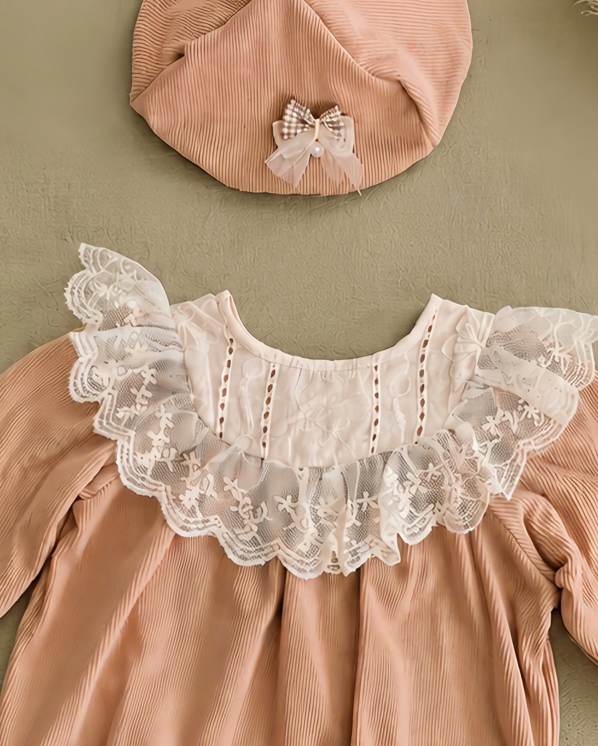 Warm Cocoa Lace Romper Set NB-12M | Corduroy Baby Romper with Bonnet | Autumn & Winter Outfit