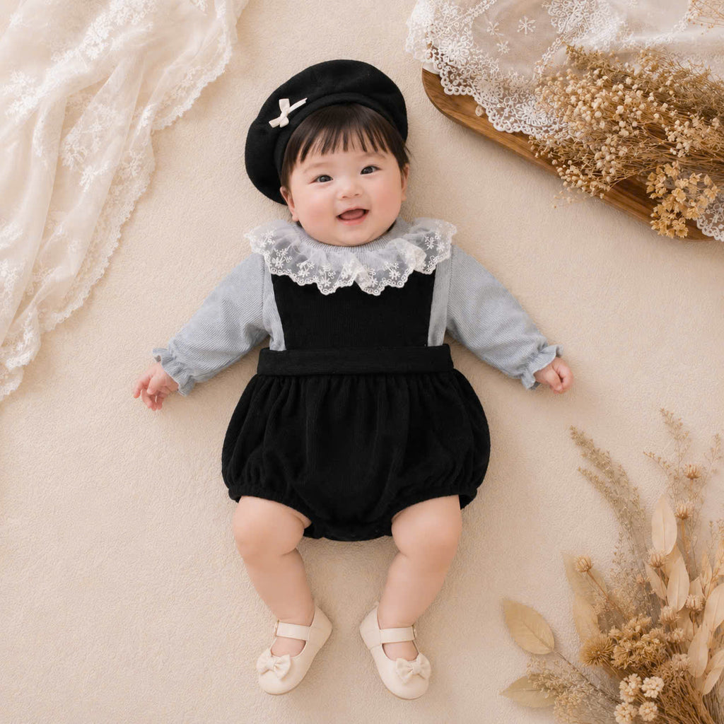 Suzie Knit Baby Romper NB-12M | Vintage Knit Romper with Bonnet | Autumn & Winter Outfit