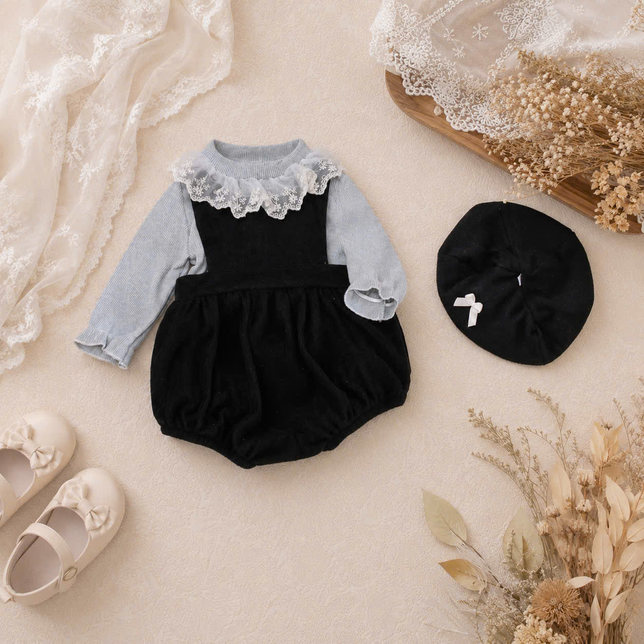 Suzie Knit Baby Romper NB-12M | Vintage Knit Romper with Bonnet | Autumn & Winter Outfit