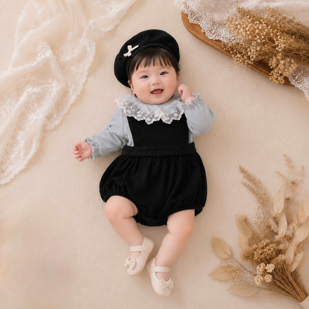 Suzie Knit Baby Romper NB-12M | Vintage Knit Romper with Bonnet | Autumn & Winter Outfit