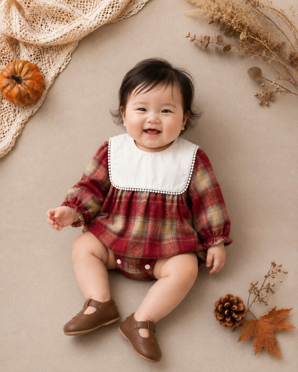 Red Plaid Baby Romper Set NB-2Y | Flannel Romper with Bib Collar | Autumn & Winter Outfit