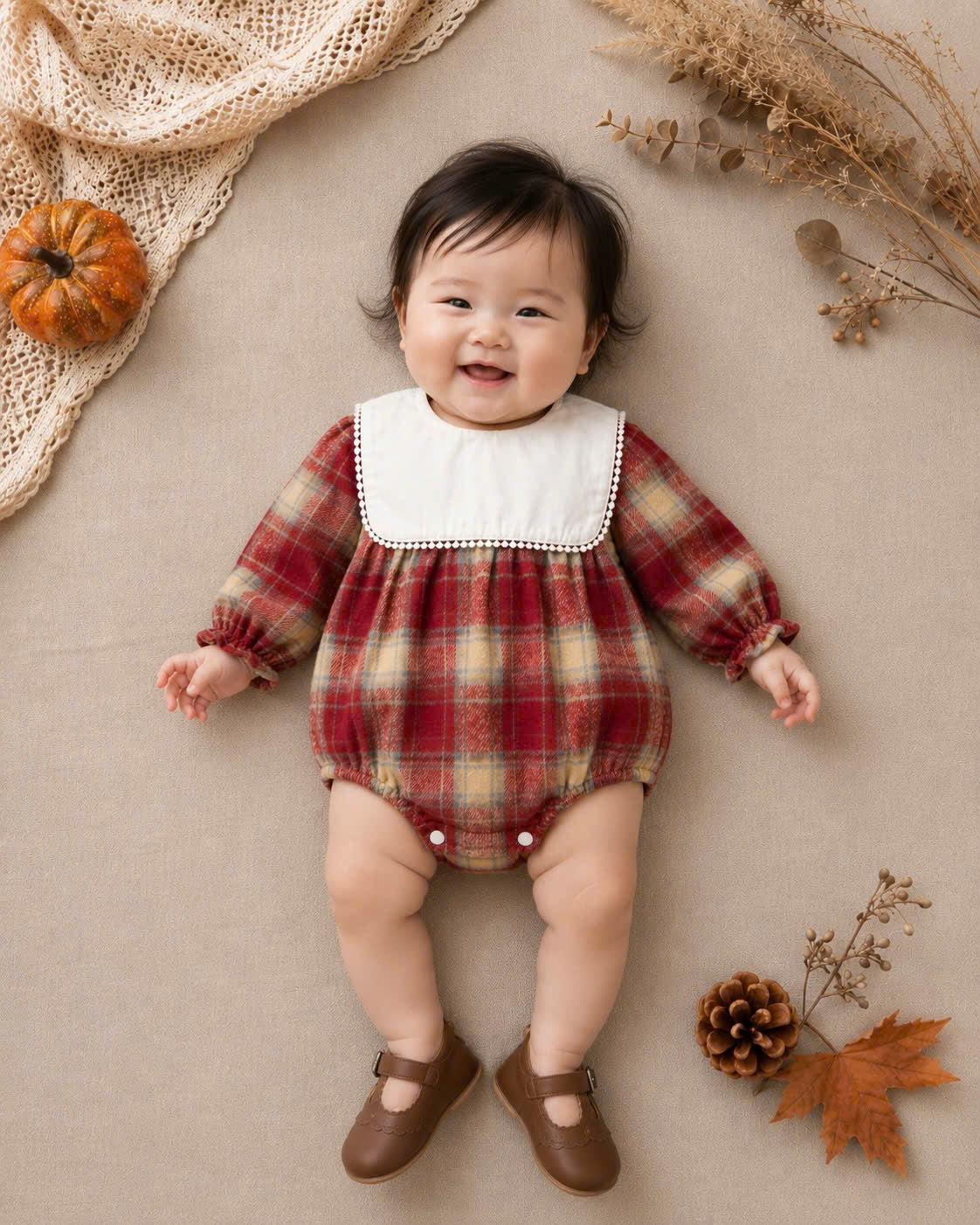 Red Plaid Baby Romper Set NB-2Y | Flannel Romper with Bib Collar | Autumn & Winter Outfit