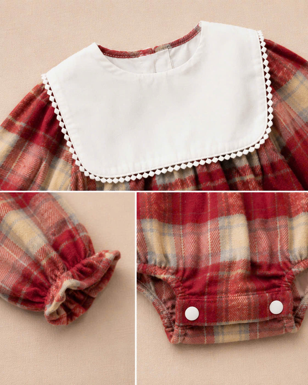 Red Plaid Baby Romper Set NB-2Y | Flannel Romper with Bib Collar | Autumn & Winter Outfit