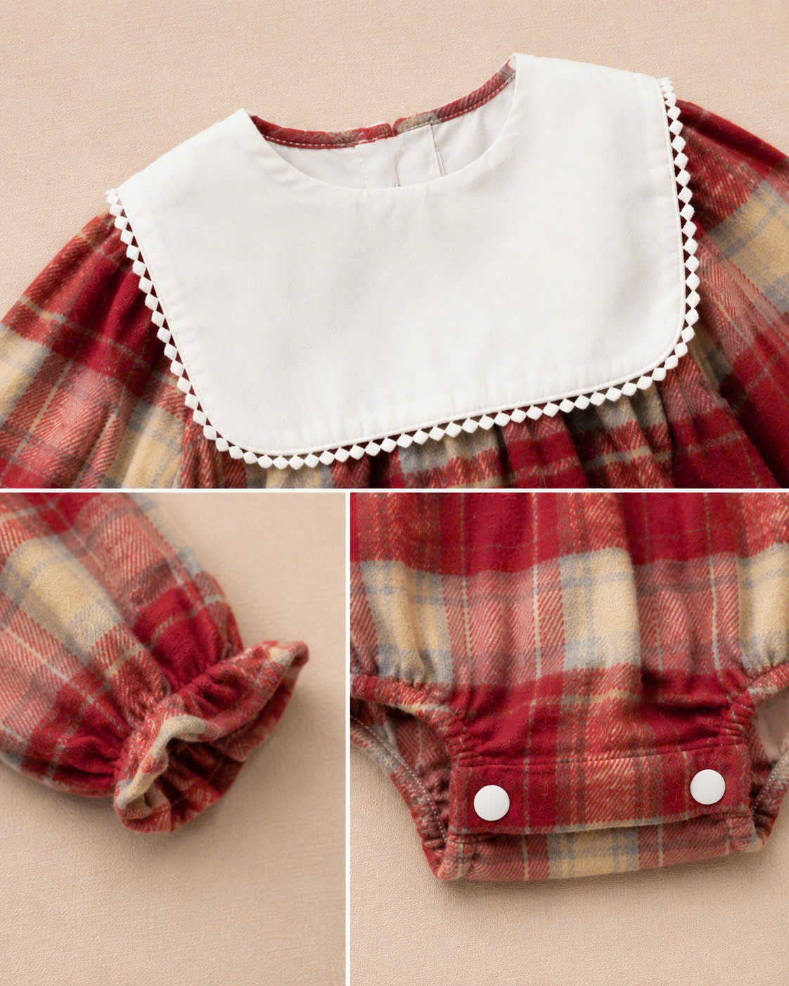 Red Plaid Baby Romper Set NB-2Y | Flannel Romper with Bib Collar | Autumn & Winter Outfit