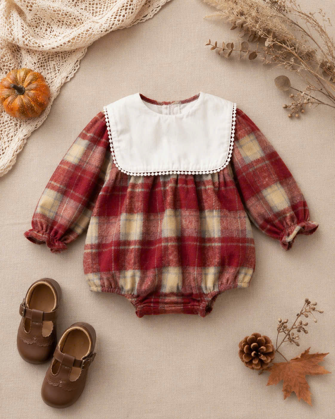 Red Plaid Baby Romper Set NB-2Y | Flannel Romper with Bib Collar | Autumn & Winter Outfit