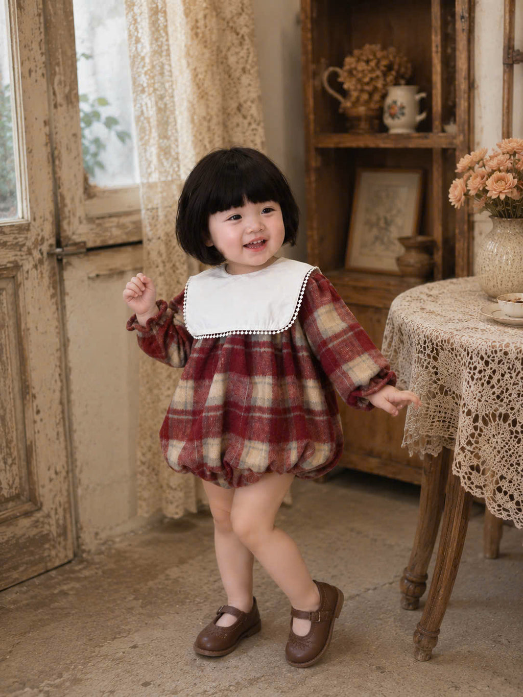 Red Plaid Baby Romper Set NB-2Y | Flannel Romper with Bib Collar | Autumn & Winter Outfit